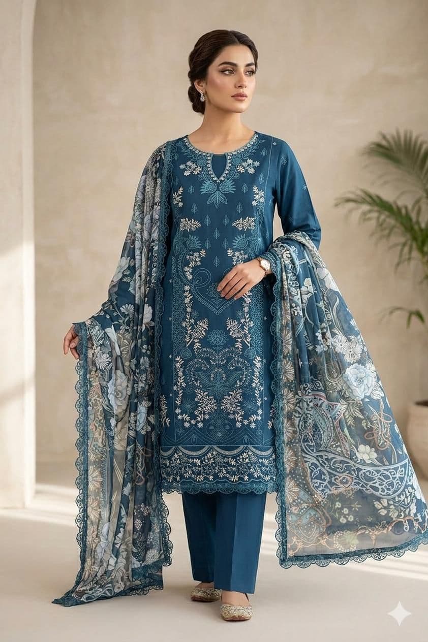 Unstitched Embroided 3 piece Suit